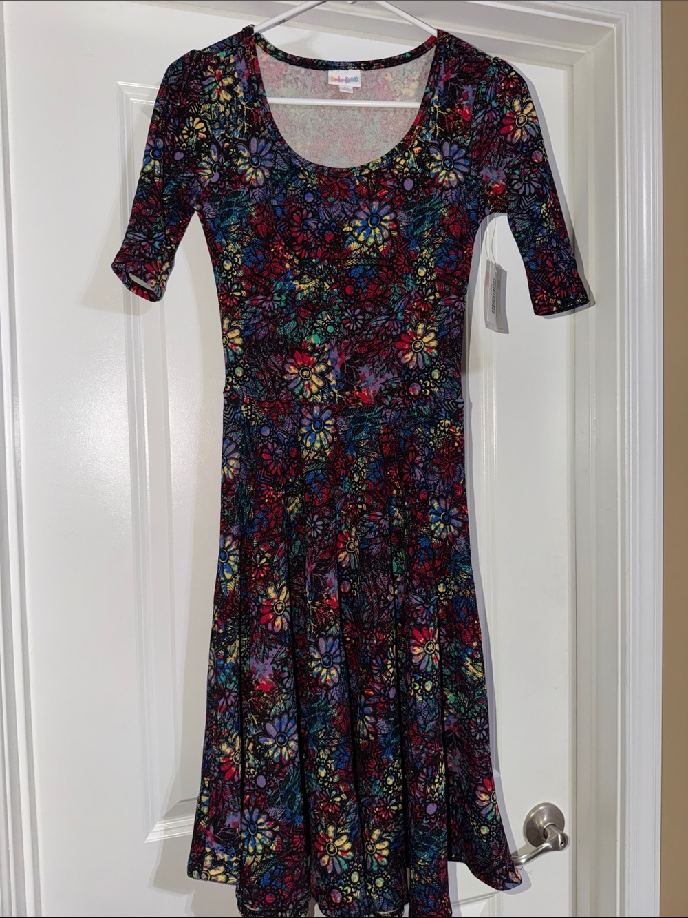 LuLaRoe Black Multi Floral Scoop Neck Nicole Midi Dress with Colorful Blooms